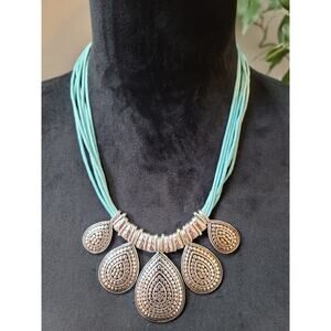St. Thomas Silver Teardrop Pendant Necklace with Turquoise Cord and Metal Beads